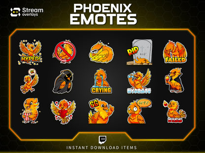 Majestic Phoenix Emotes & Stickers | Fiery Bird Orange Flame | Majestic Glory Phoenix Twitch Emotes for Streamers on Twitch and Discord