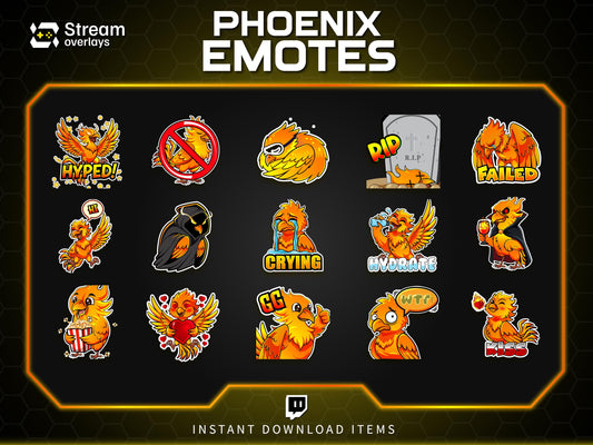 Majestic Phoenix Emotes & Stickers | Fiery Bird Orange Flame | Majestic Glory Phoenix Twitch Emotes for Streamers on Twitch and Discord