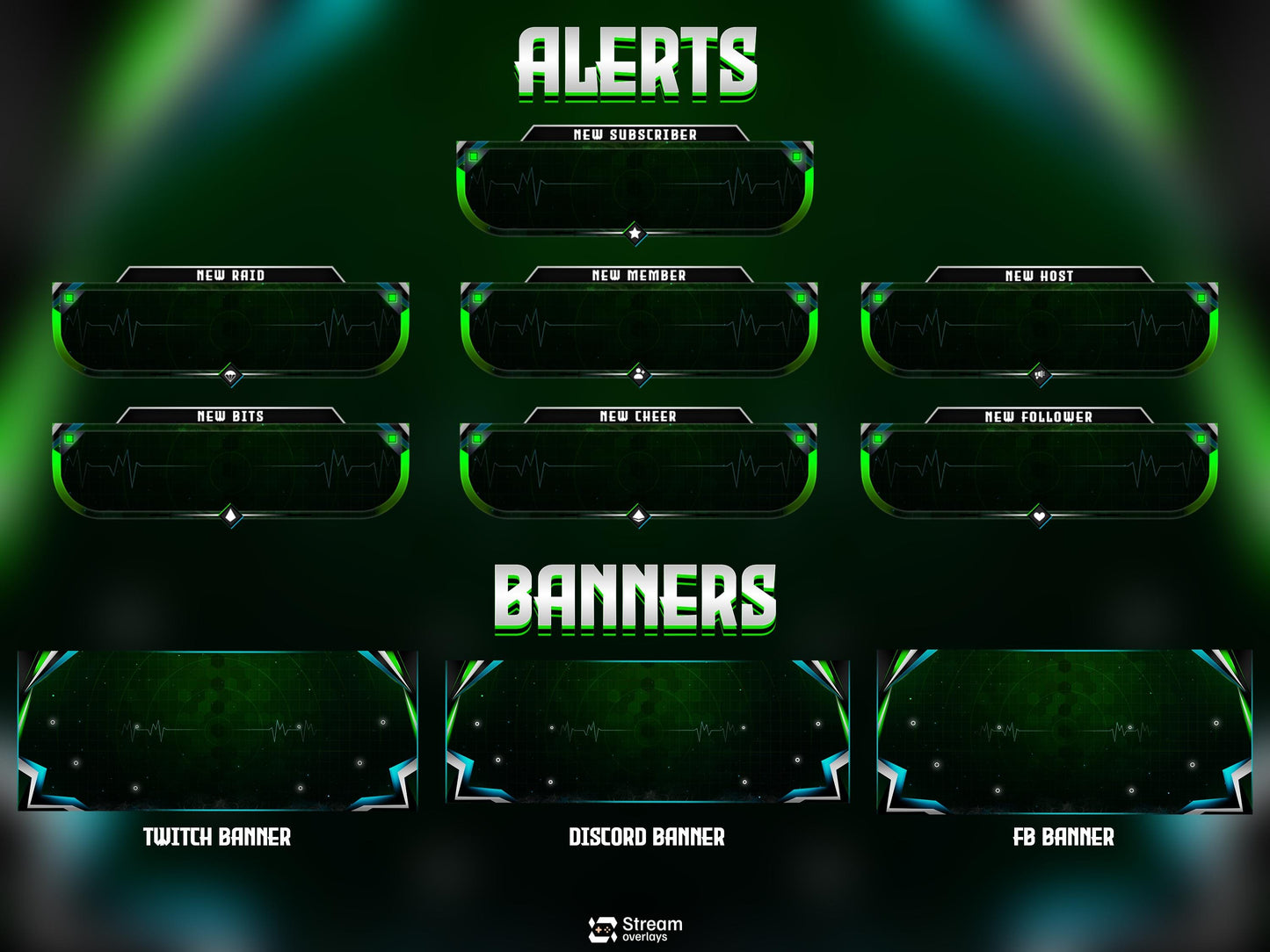 Cyberpunk Neon Green & Teal Tactical Design | Sci-Fi Tech Streamer Overlay | Radar Animated Twitch Stream Overlay Package | Full OBS Setup