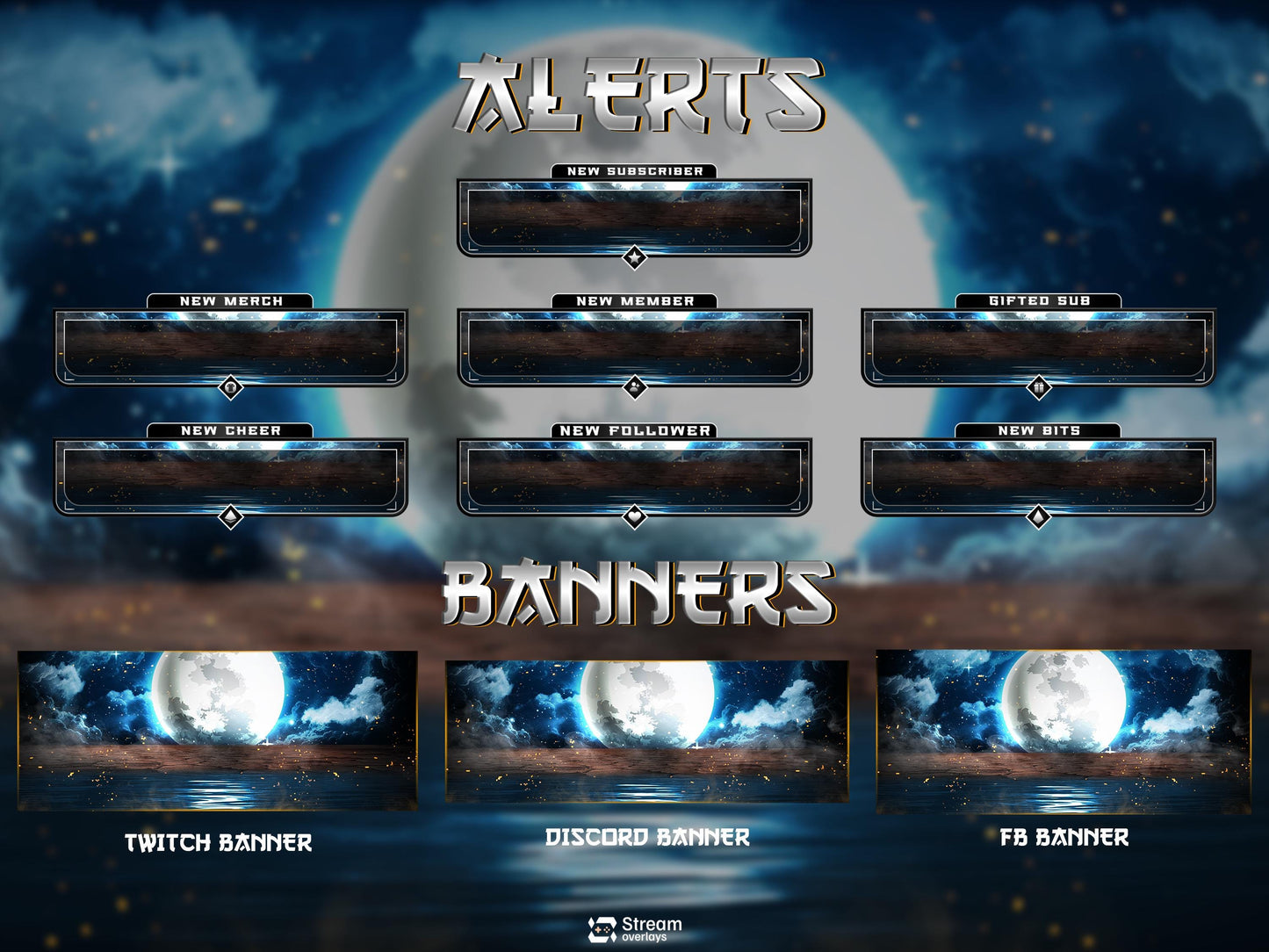 Blue Moon Stream Overlay Package | Midnight Lunar Twitch Overlay | OBS Overlay, Dark Blue Starting Soon, Twitch Panels, Stream Layout Assets
