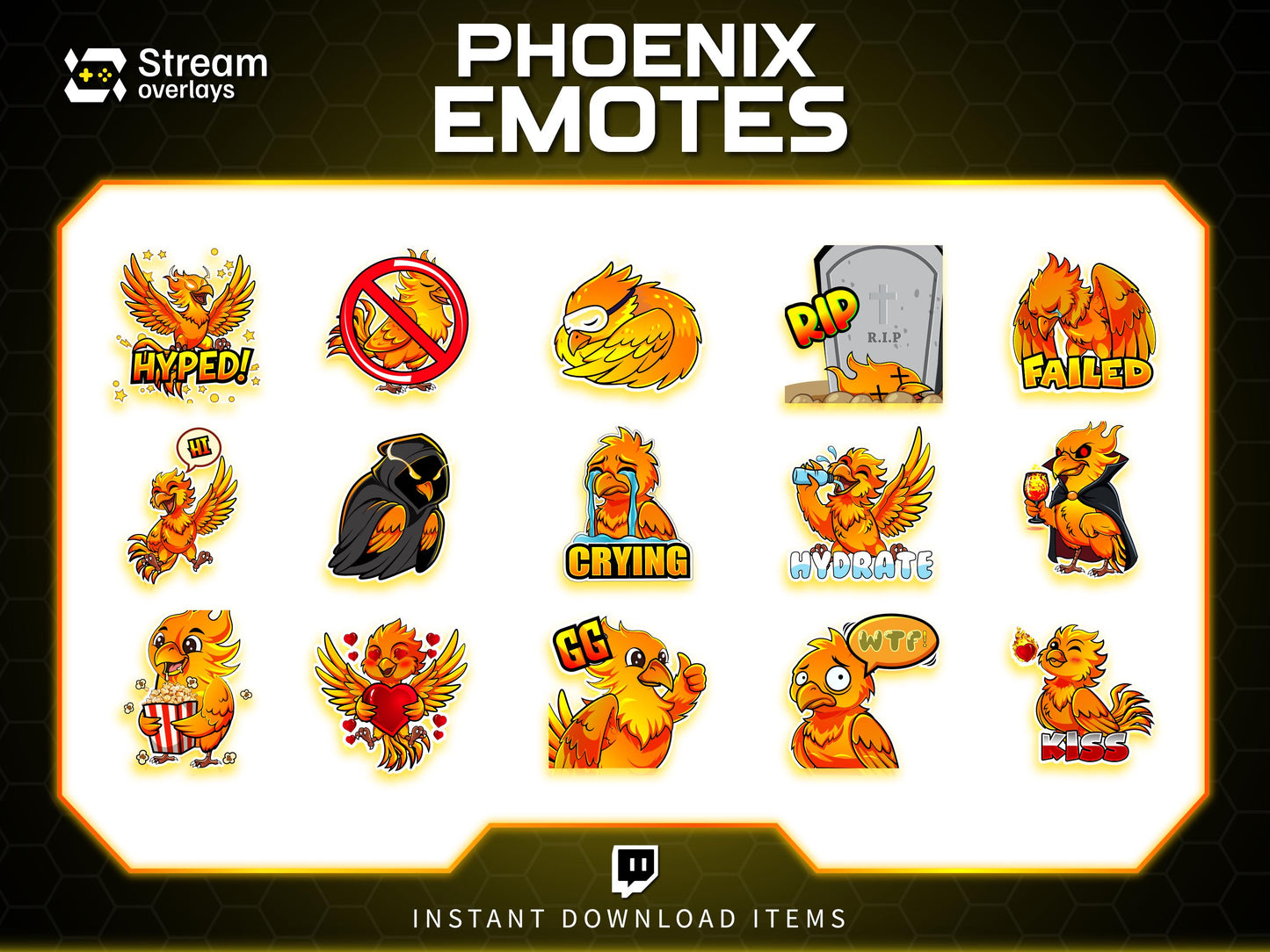 Majestic Phoenix Emotes & Stickers | Fiery Bird Orange Flame | Majestic Glory Phoenix Twitch Emotes for Streamers on Twitch and Discord