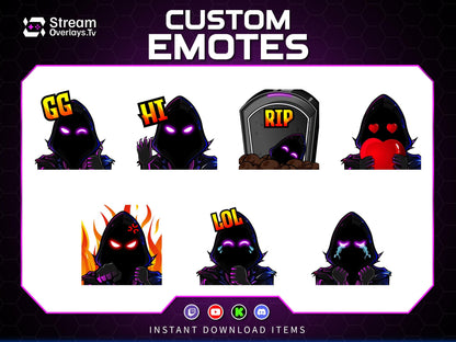 Purple Neon Hacker Twitch Emotes | Grim Reaper Emoji Pack for Streamers | Cute Reaper Twitch Emotes | Kawaii Grim Reaper Emote Pack
