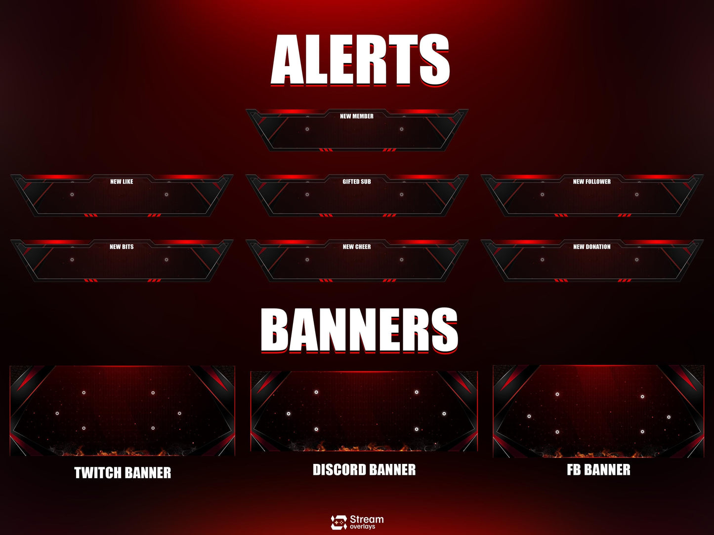 Red & Black Stream Overlay | Fire Twitch Overlays Pack | Elegant Animated Stream Package | Streams Scenes | Gaming Panels | Gamer Alerts