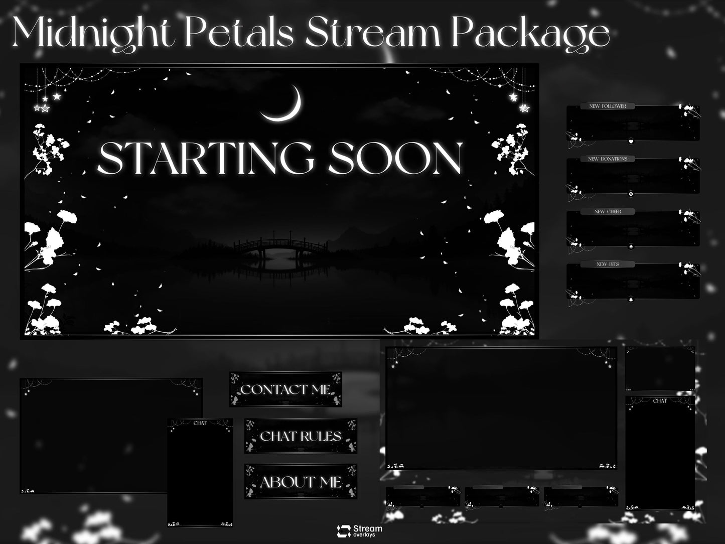 Midnight Petals Stream Pack | Dark Twitch Overlay | Floral Animated Scenes | Minimal Moon Streams | Twitch Alerts | Starting Soon | Panels