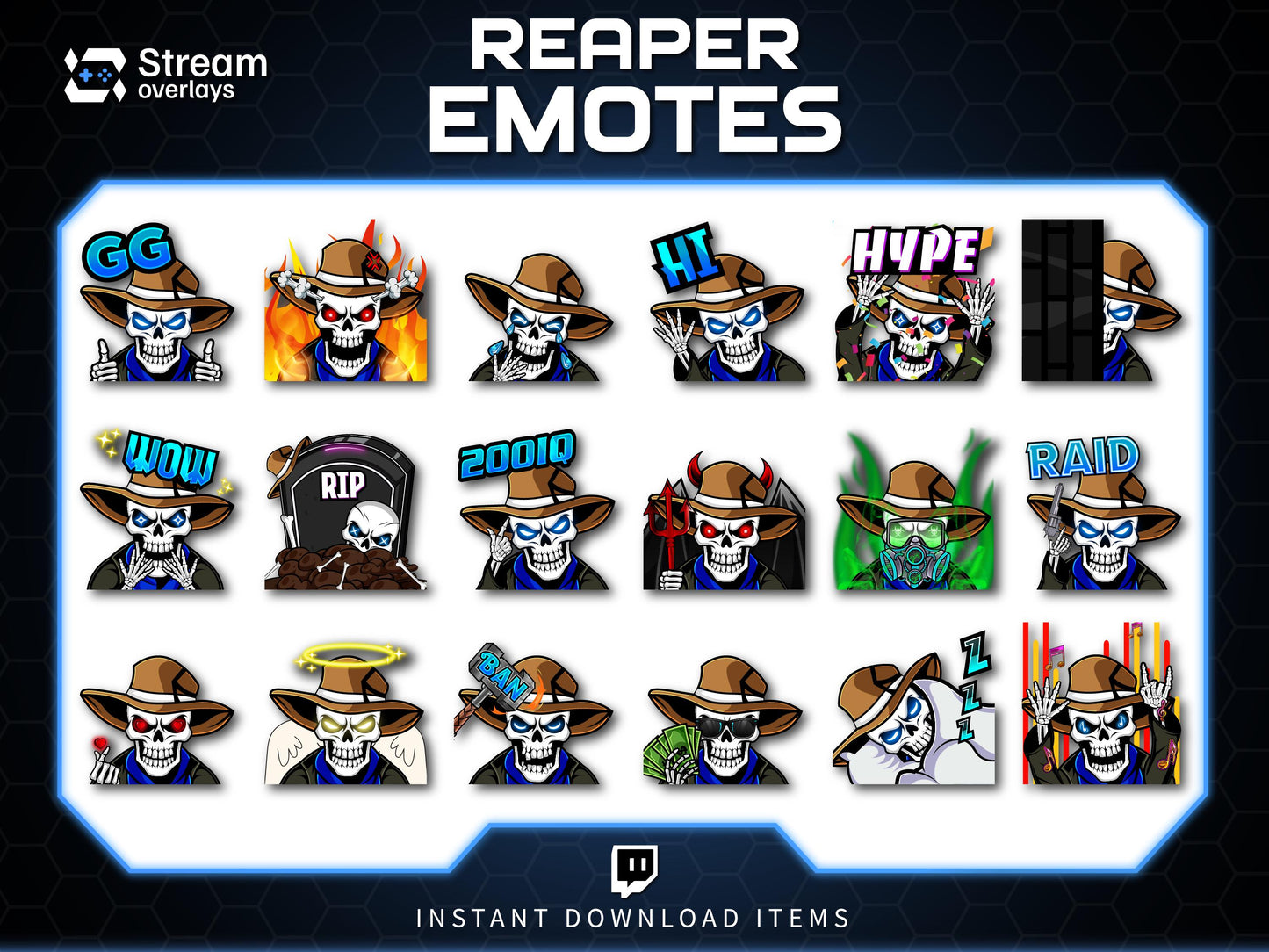 Cowboy Reaper Twitch Emotes Pack | Western Skeleton Skull Emotes for Discord, Kick, Youtube | Dark Gaming Emoji | Grim Reaper Streamer Pack