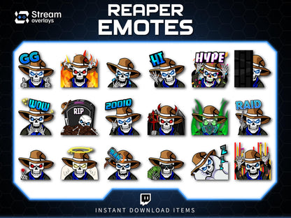 Cowboy Reaper Twitch Emotes Pack | Western Skeleton Skull Emotes for Discord, Kick, Youtube | Dark Gaming Emoji | Grim Reaper Streamer Pack