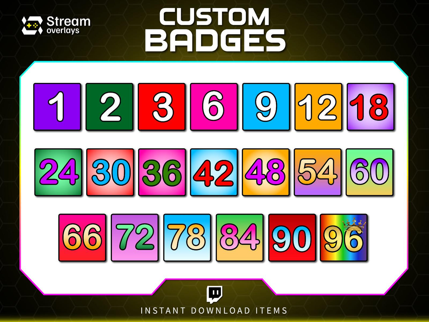 Twitch Subscriber Badges Set | Bright Numbered Sub Badges 1–96 | Colorful Square Sub Badge Pack | Streamer Loyalty Multi-Month Subscriptions