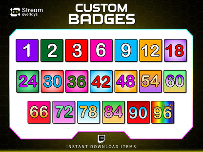 Twitch Subscriber Badges Set | Bright Numbered Sub Badges 1–96 | Colorful Square Sub Badge Pack | Streamer Loyalty Multi-Month Subscriptions