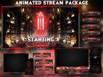 Horror Gothic Stream Overlay Pack, Dark Fantasy Library Twitch Overlay, Magic Cathedral Gaming Overlay, Animated OBS Stream Screens & Panels