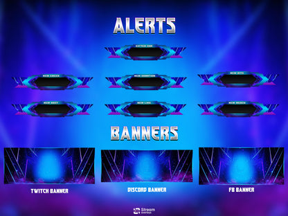 Animated Mecha Twitch Overlay, Futuristic Sci-Fi Stream Package, High-Tech Cyber Setup for OBS, Cyber Shield Animated Stream  Purple & Blue