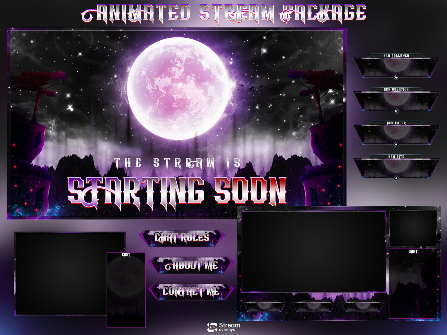 Gothic Moon Fantasy Twitch Overlay Pack | Night Animated Stream Package | Streaming Scenes | Fantasy Gaming | Panels | Alerts | Screens