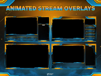 Animated Twitch Overlay Pack | Blue Gold Stream Overlays | Modern Gaming Screens, Starting Soon BRB Alerts, Streaming Panels, Stream Package