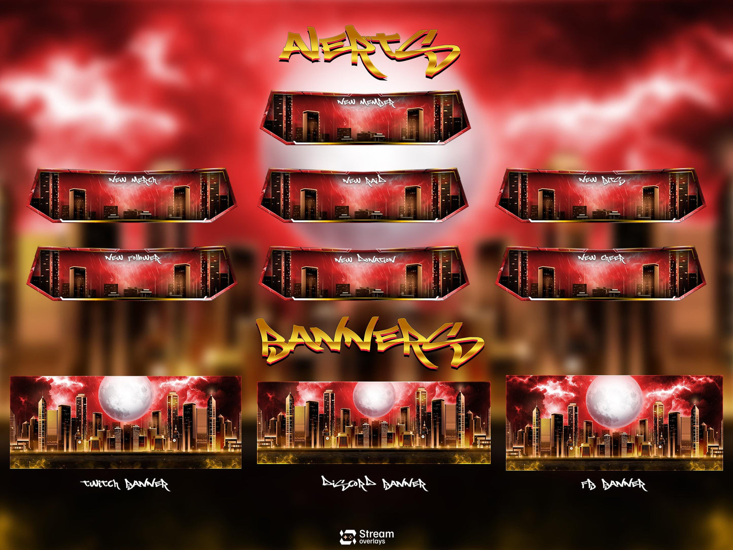 Animated Cyberpunk City Twitch Overlay Pack, Cyber Skyline Stream Overlays, Urban Night Blood Moon Storm Stream, Red Gold Streaming Bundle