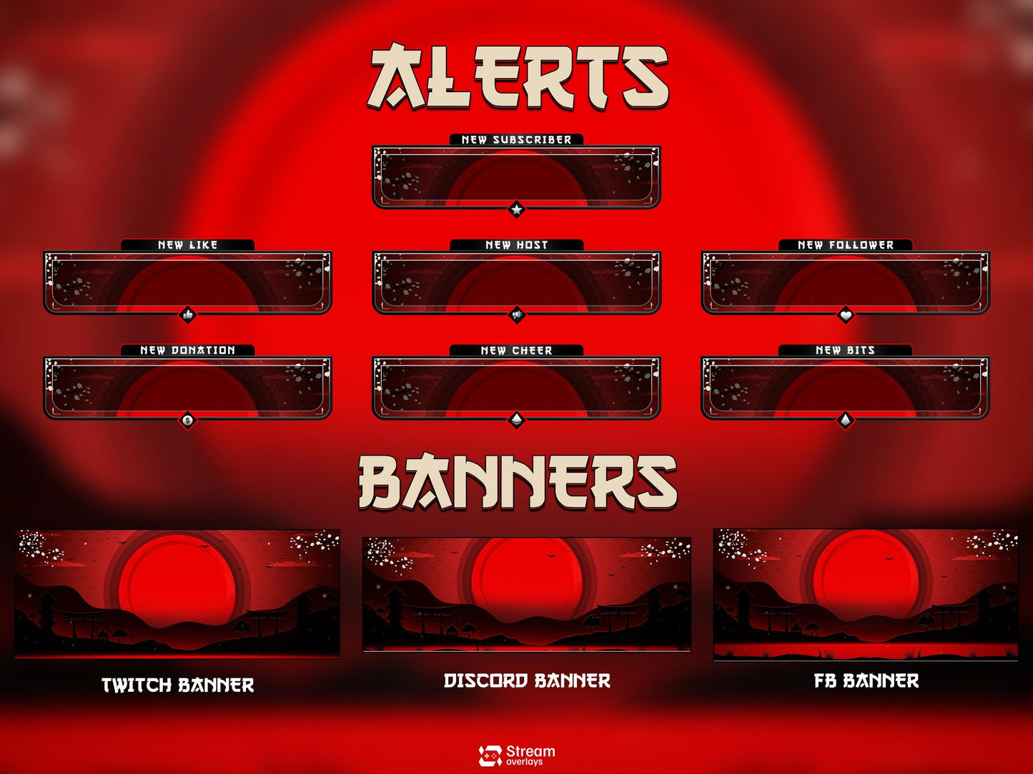 Samurai Stream Overlay Pack | Japanese Stream Package | Streaming Twitch | Stream Scenes | Red Moon Gaming | Panels | Alerts | Screens,OBS