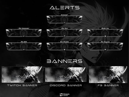 Anime Twitch Overlay Pack | Dark Monochrome Stream Screens | Lightning Anime Theme | Starting Soon BRB Ending & Alerts