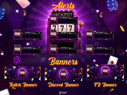 Slot Machine Stream Package | Casino Twitch Overlay Pack | Gambling Stream Overlays | Neon Jackpot Cards Screens & Alerts for Kick, Youtube