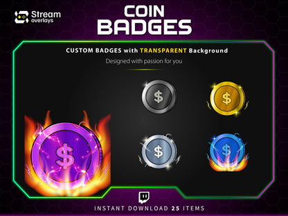 Coin Twitch Sub Badges, Dollar Currency Channel Points (Digital Download)