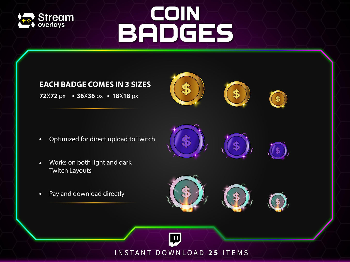 Coin Twitch Sub Badges, Dollar Currency Channel Points (Digital Download)