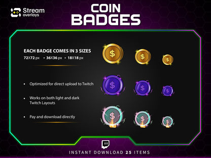Coin Twitch Sub Badges, Dollar Currency Channel Points (Digital Download)