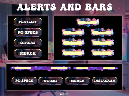 Cute Kawaii Gaming Room Stream Overlay | Cozy Lofi Gamer Girl Twitch Package | Pink & Blue Dreamy Room Setup, Animated Screens Alerts Panels