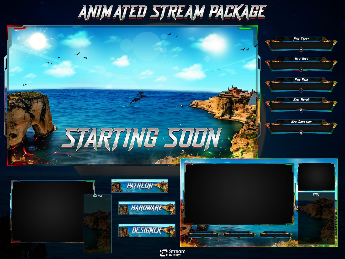 Ocean Twitch Overlay Pack | Sea stream | Nature stream art | Starting Soon BRB & Alerts | Animated Scenes | Gaming Panels | Costal Theme