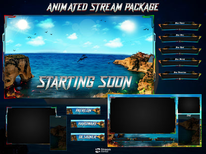 Ocean Twitch Overlay Pack | Sea stream | Nature stream art | Starting Soon BRB & Alerts | Animated Scenes | Gaming Panels | Costal Theme