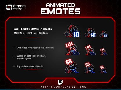 Animated Neon Mask Twitch Emotes: Cyberpunk Streamer Emojis, (25x PNG & GIF Downloadable Files )