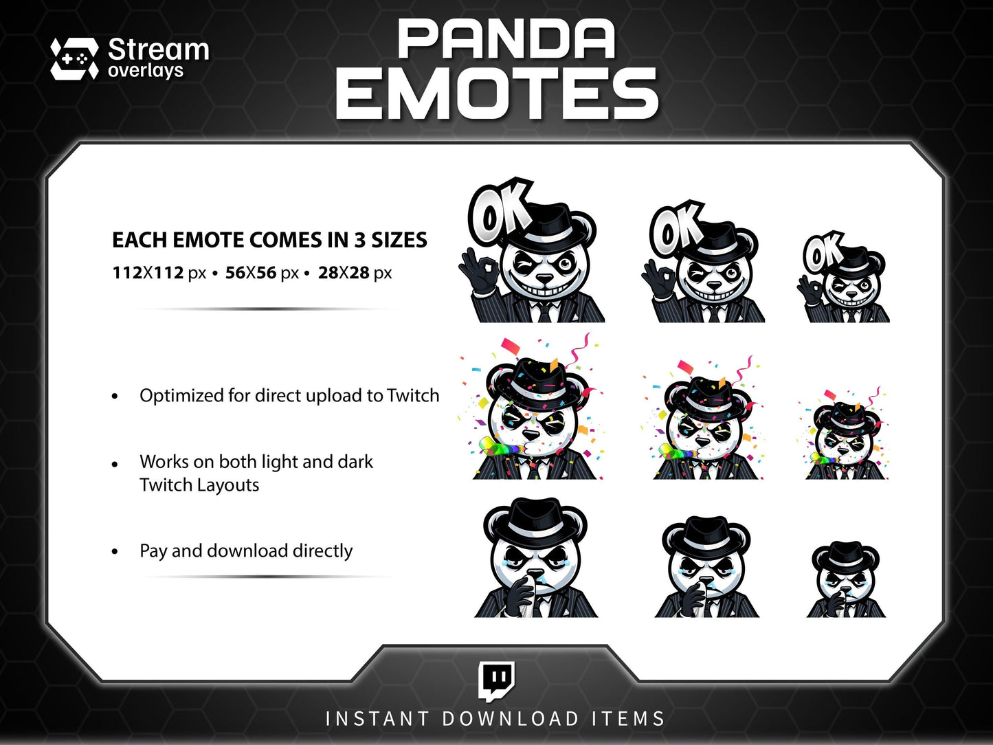 Mafia Panda Twitch Emotes | 10 Gangster Panda Discord Emotes | Pinstripe Suit Stream Package, Chibi Panda Twitch Graphics | Instant Download