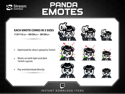 Mafia Panda Twitch Emotes | 10 Gangster Panda Discord Emotes | Pinstripe Suit Stream Package, Chibi Panda Twitch Graphics | Instant Download