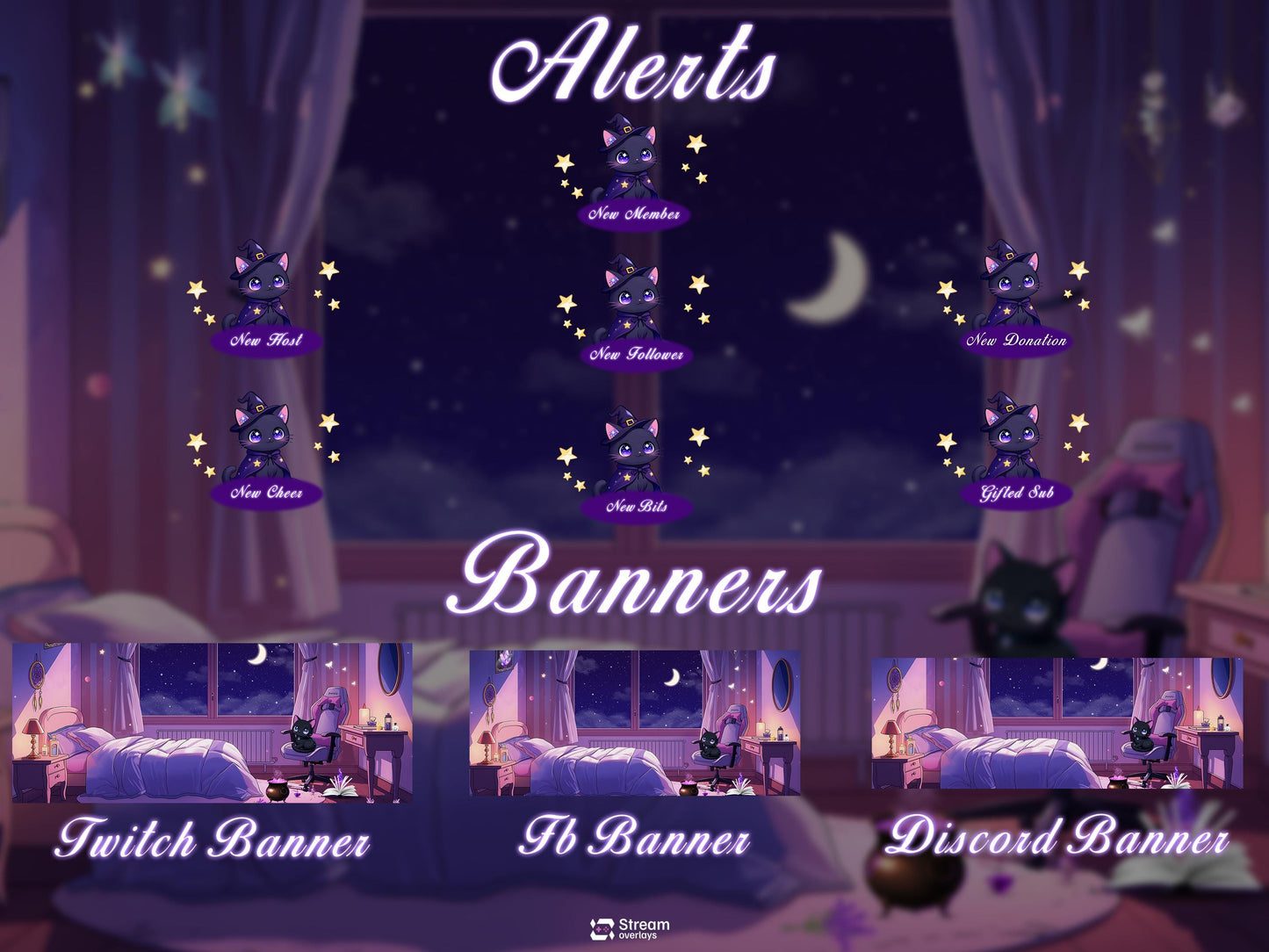 Fantasy Spooky Twitch Overlay Pack | Cozy Night Bedroom Stream Package | Mystical Night Stream Overlays, Magical Kawii Stream package Witch