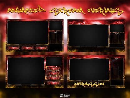 Animated Cyberpunk City Twitch Overlay Pack, Cyber Skyline Stream Overlays, Urban Night Blood Moon Storm Stream, Red Gold Streaming Bundle