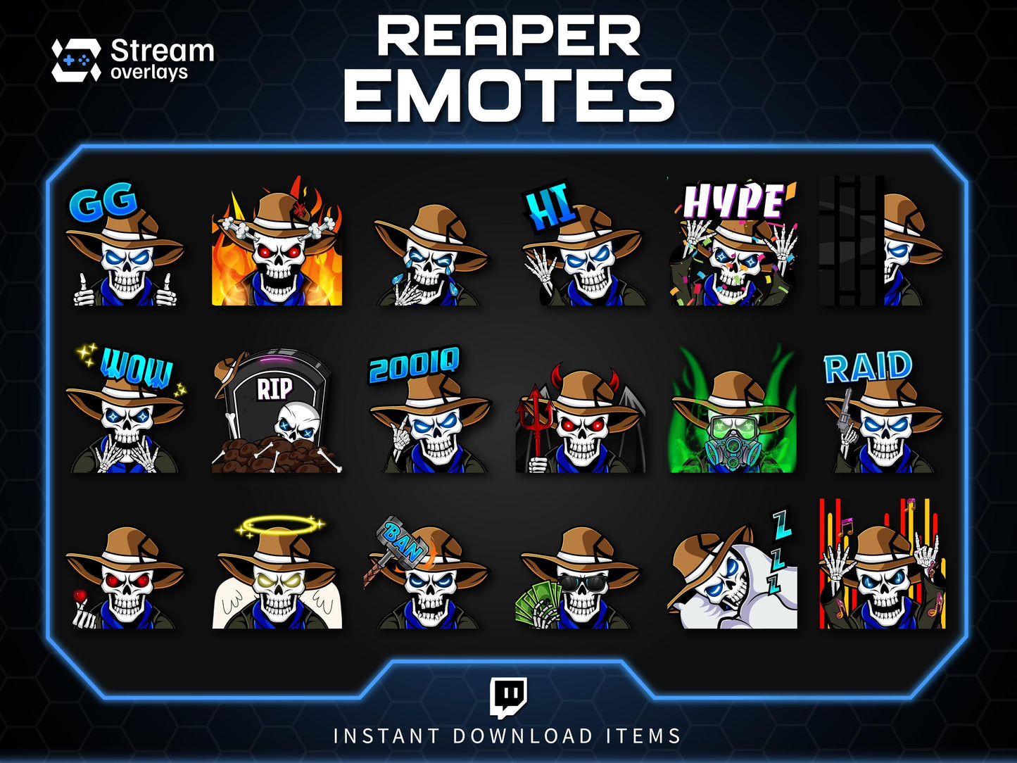 Cowboy Reaper Twitch Emotes Pack | Western Skeleton Skull Emotes for Discord, Kick, Youtube | Dark Gaming Emoji | Grim Reaper Streamer Pack