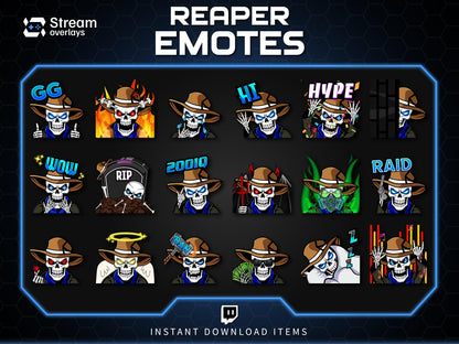 Cowboy Reaper Twitch Emotes Pack | Western Skeleton Skull Emotes for Discord, Kick, Youtube | Dark Gaming Emoji | Grim Reaper Streamer Pack