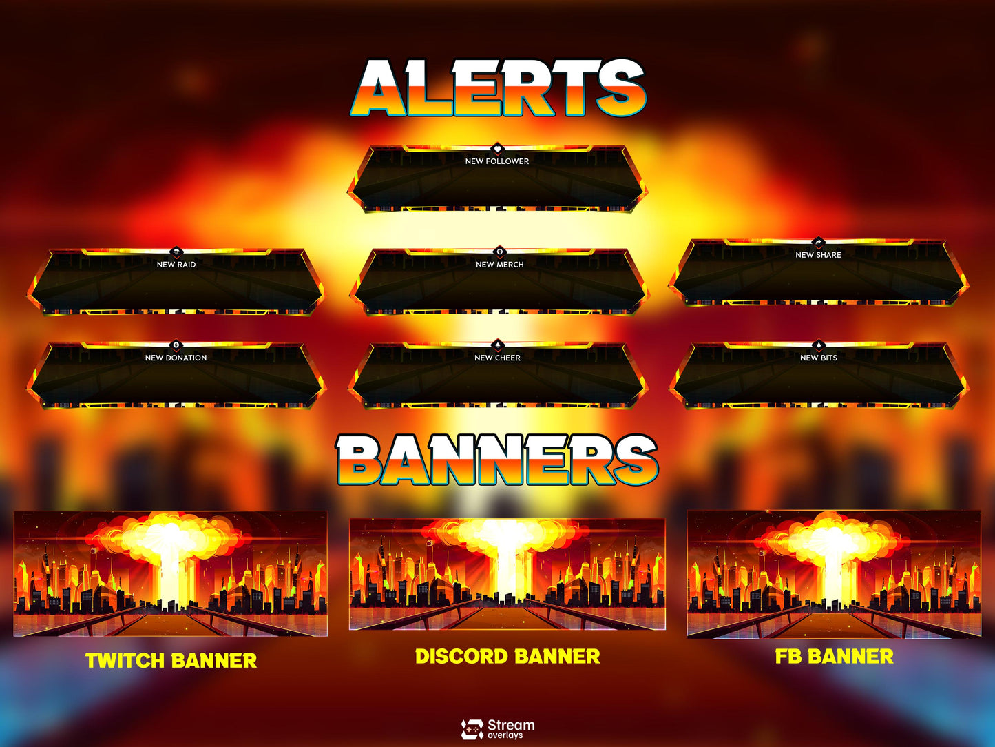 Atomic Explosion Stream Package, Nuclear Blast Twitch Overlay, Cyberpunk City Fire Overlays, Dystopian Stream Apocalypse City OBS Streamlabs