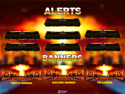 Atomic Explosion Stream Package, Nuclear Blast Twitch Overlay, Cyberpunk City Fire Overlays, Dystopian Stream Apocalypse City OBS Streamlabs