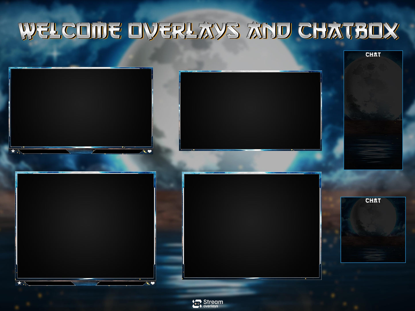 Blue Moon Stream Overlay Package | Midnight Lunar Twitch Overlay | OBS Overlay, Dark Blue Starting Soon, Twitch Panels, Stream Layout Assets