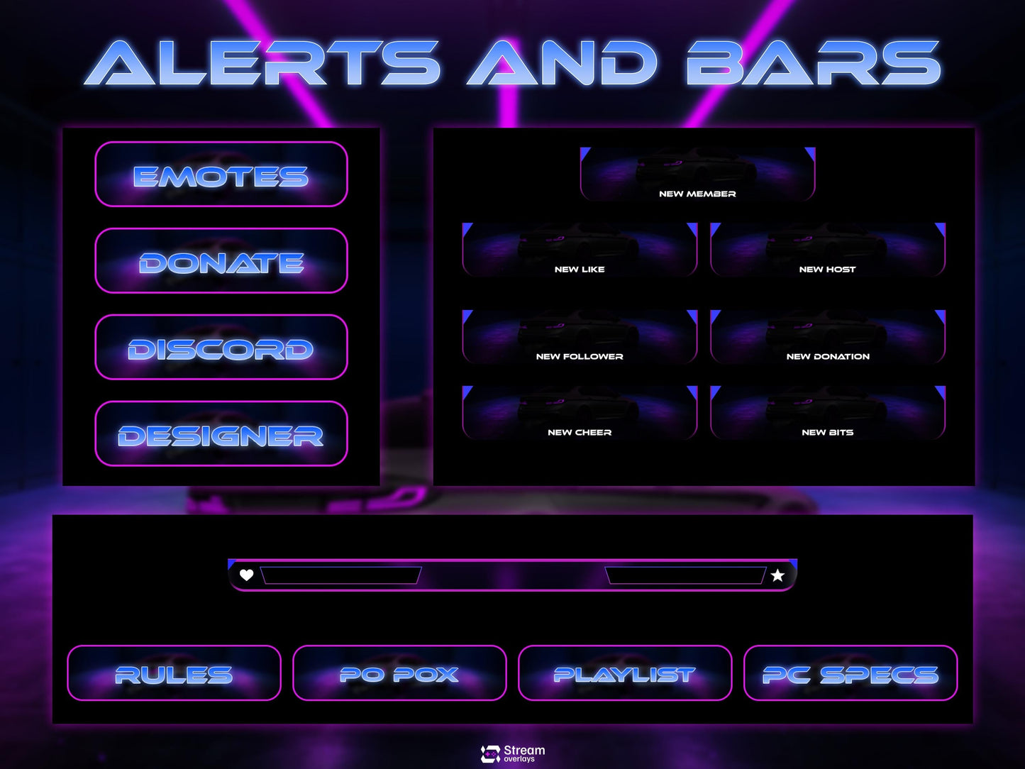 Car Twitch Overlay Pack | Animated Racing Stream | Neon Streaming scenes | Purple Screen Animation | Streams Alerts | Panels, Streamlabs,OBS