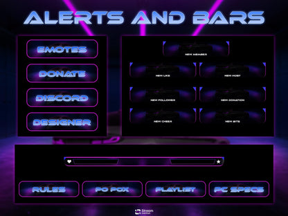 Car Twitch Overlay Pack | Animated Racing Stream | Neon Streaming scenes | Purple Screen Animation | Streams Alerts | Panels, Streamlabs,OBS
