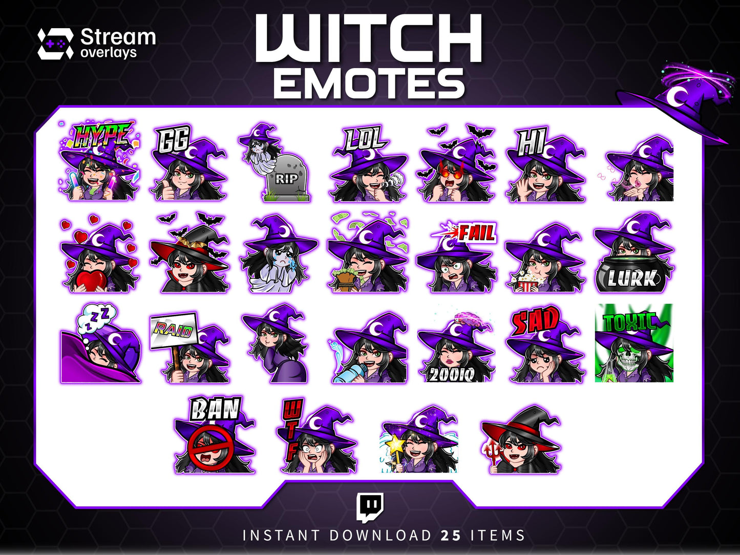 25 Witch Anime Emotes | Purple Halloween Twitch, Discord (Digital Download)