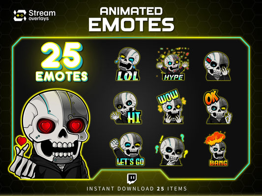 25x Cyborg & Skull Emotes | Animated + Static Twitch Emotes | Futuristic Twitch Emotes | Twitch Sub Emotes | Tiktok Emotes | Discord Emojis