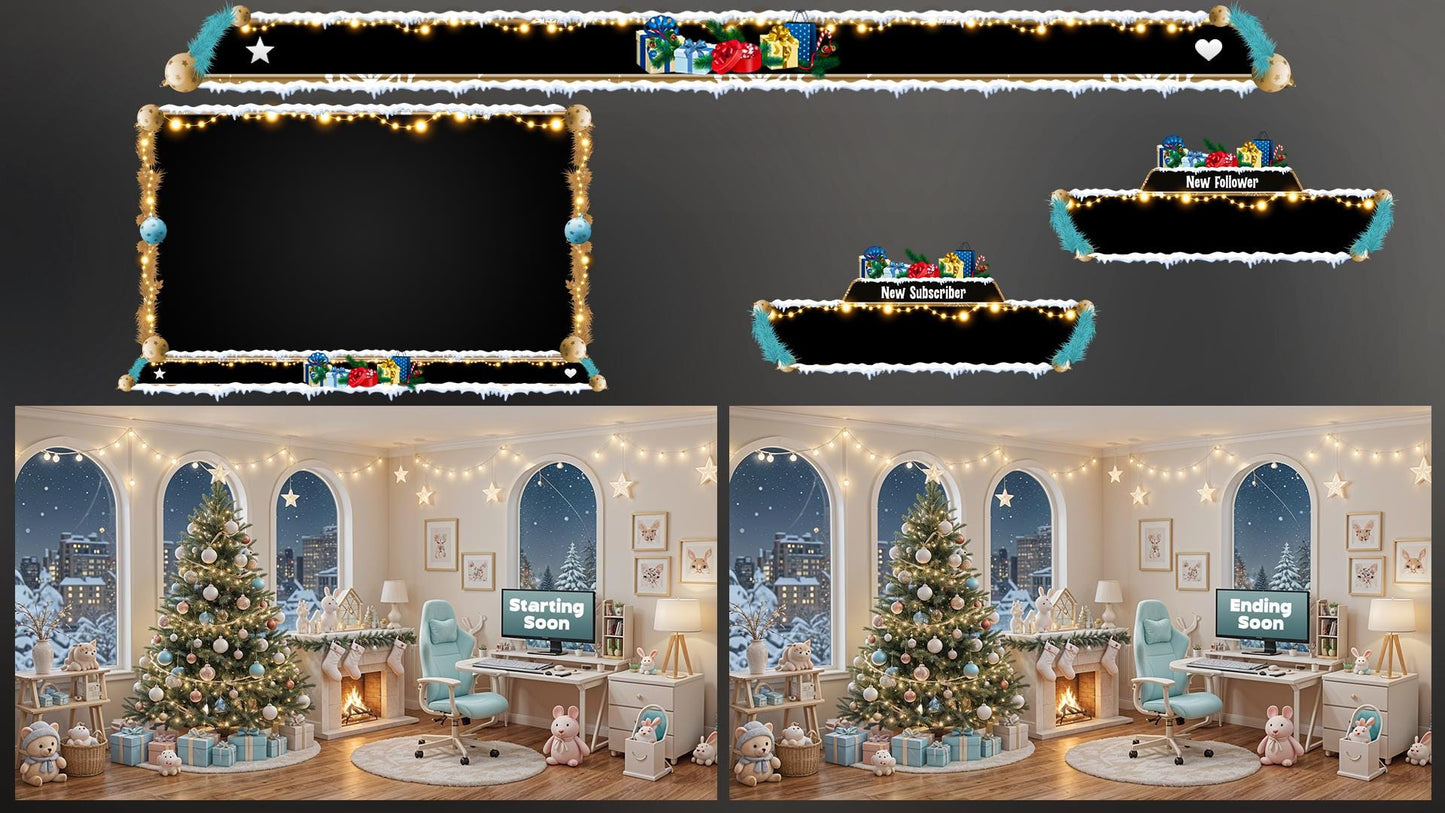 Christmas Kawaii Gaming Room Twitch Overlays Pack | Snow Fireplace | Christmas Tree Holiday Live Stream | Gift for Gamer | Game Room Decor