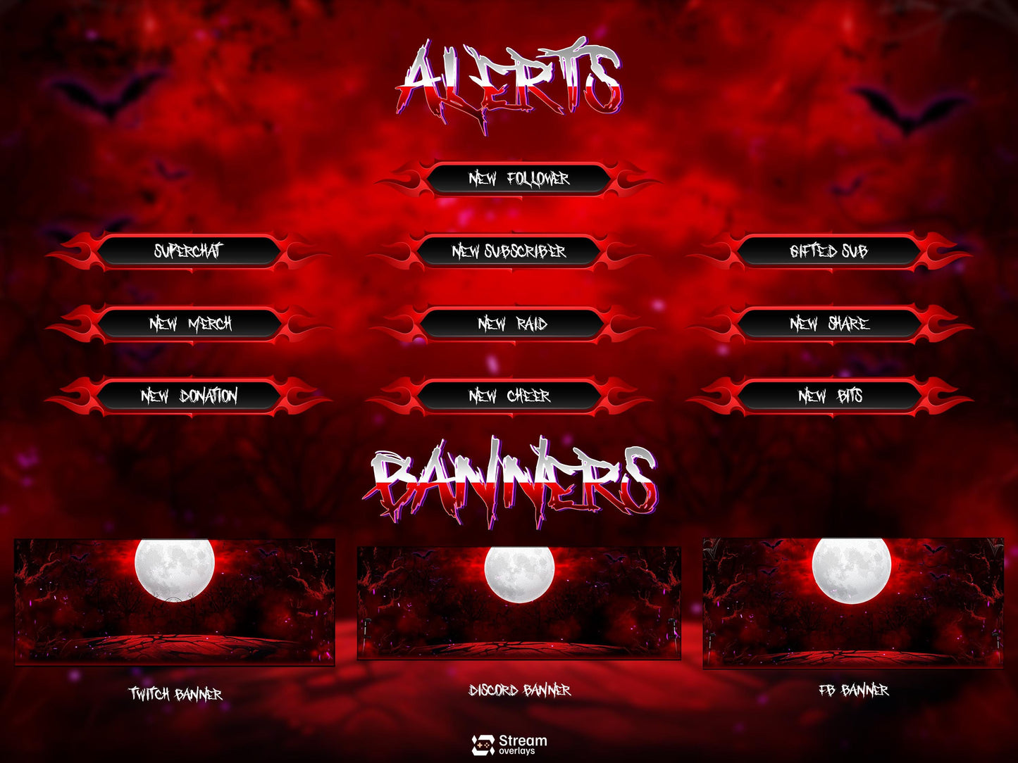 Dark Horror Twitch Overlay Pack | Moon Stream Package | Animated Screens| Red Streams | Gaming Alerts, Starting Soon, spooky Streams, Panels