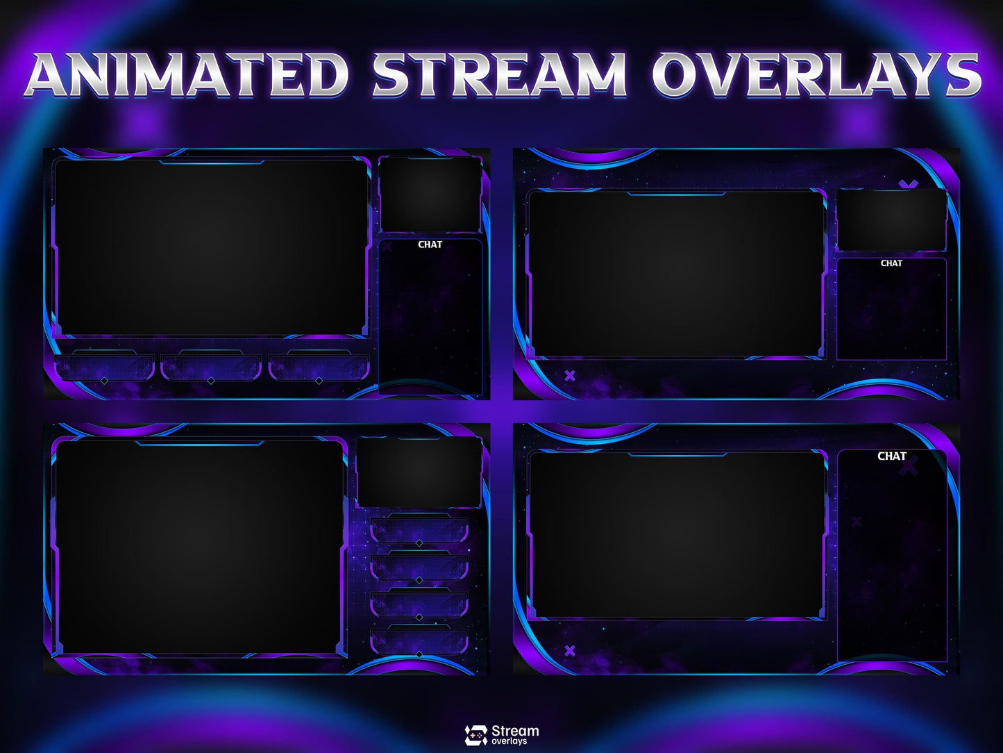 Purple Neon Twitch Overlay Pack Animated | Galaxy Space Stream Screens, Futuristic Cyber Theme, Starting Soon Alerts Panels OBS Kick YouTube