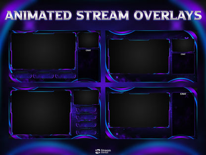Purple Neon Twitch Overlay Pack Animated | Galaxy Space Stream Screens, Futuristic Cyber Theme, Starting Soon Alerts Panels OBS Kick YouTube