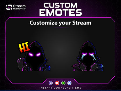 Purple Neon Hacker Twitch Emotes | Grim Reaper Emoji Pack for Streamers | Cute Reaper Twitch Emotes | Kawaii Grim Reaper Emote Pack