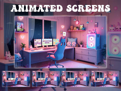 Cute Kawaii Gaming Room Stream Overlay | Cozy Lofi Gamer Girl Twitch Package | Pink & Blue Dreamy Room Setup, Animated Screens Alerts Panels