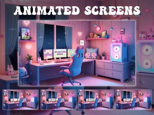 Cute Kawaii Gaming Room Stream Overlay | Cozy Lofi Gamer Girl Twitch Package | Pink & Blue Dreamy Room Setup, Animated Screens Alerts Panels