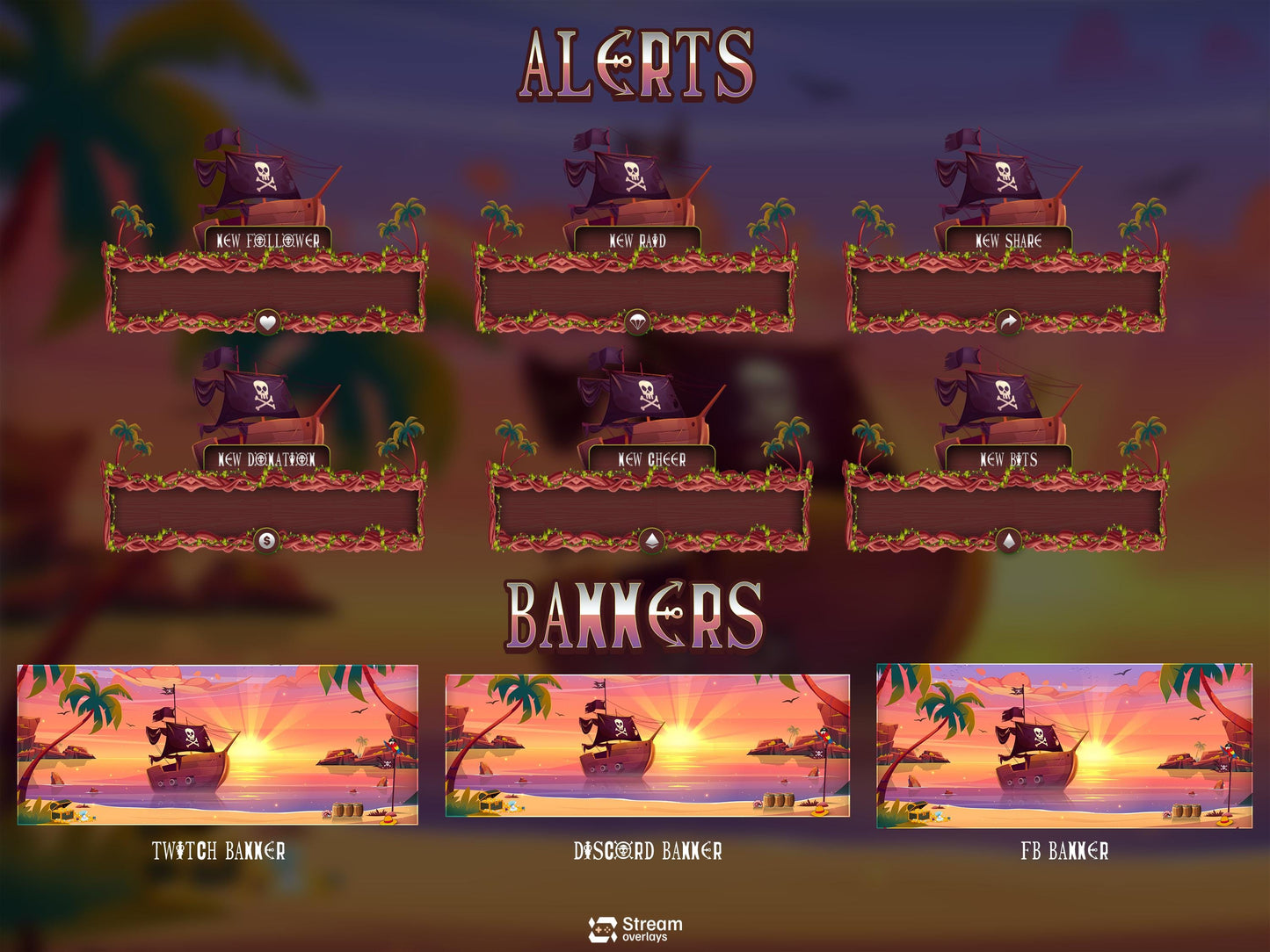 Pirate Twitch Overlay | Tropical Animated Stream Pack | Adventure Streams | Twitch Alerts | Starting Soon | Panels | Streaming Package, BRB