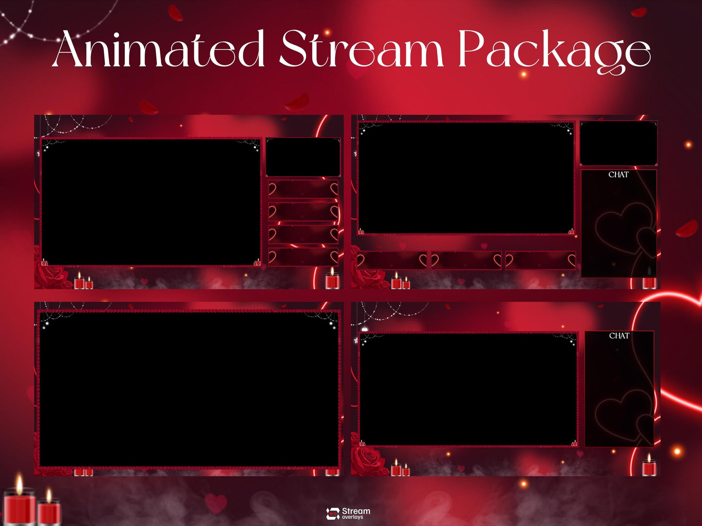 Love Stream Package | Valentine Twitch Overlay Pack | Romantic Red Heart Stream Screens | Animated Rose Petals Candle Stream | Alerts, BRB