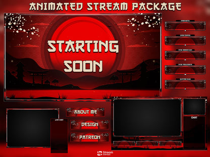 Samurai Stream Overlay Pack | Japanese Stream Package | Streaming Twitch | Stream Scenes | Red Moon Gaming | Panels | Alerts | Screens,OBS